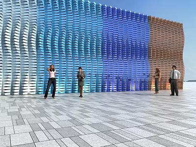 Modern Colorful Feature Wall With Blue Brown Wavy Panels And People Standing 3d model