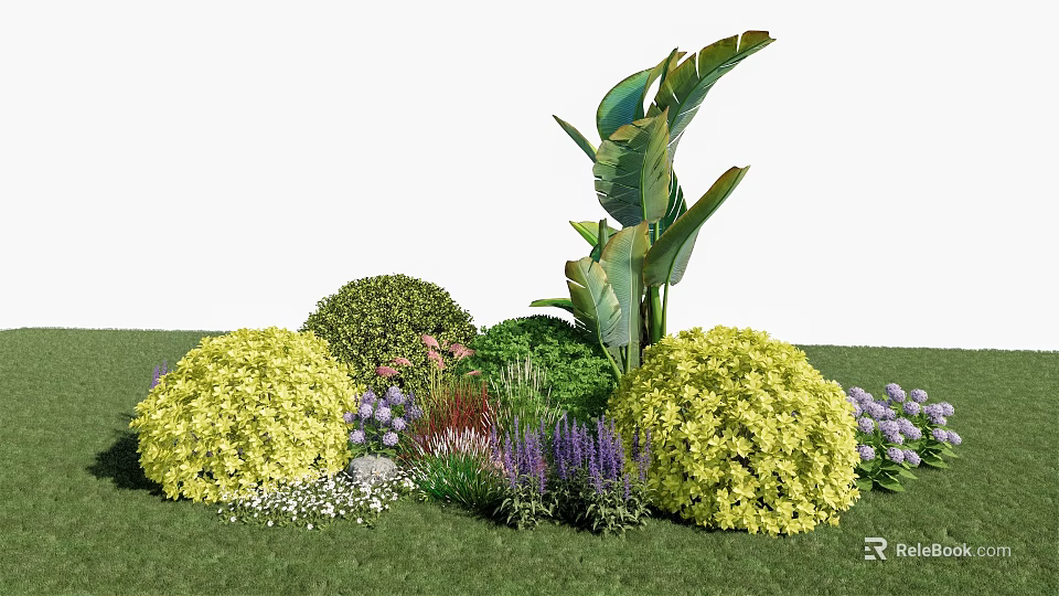 Colorful Garden Flowers and Plants Featuring Yellow Shrubs Green Spherical Plants and Purple White Blooms 3d model 