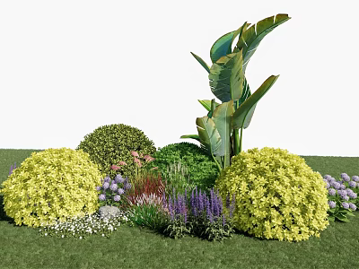 Colorful Garden Flowers and Plants Featuring Yellow Shrubs Green Spherical Plants and Purple White Blooms 3d model