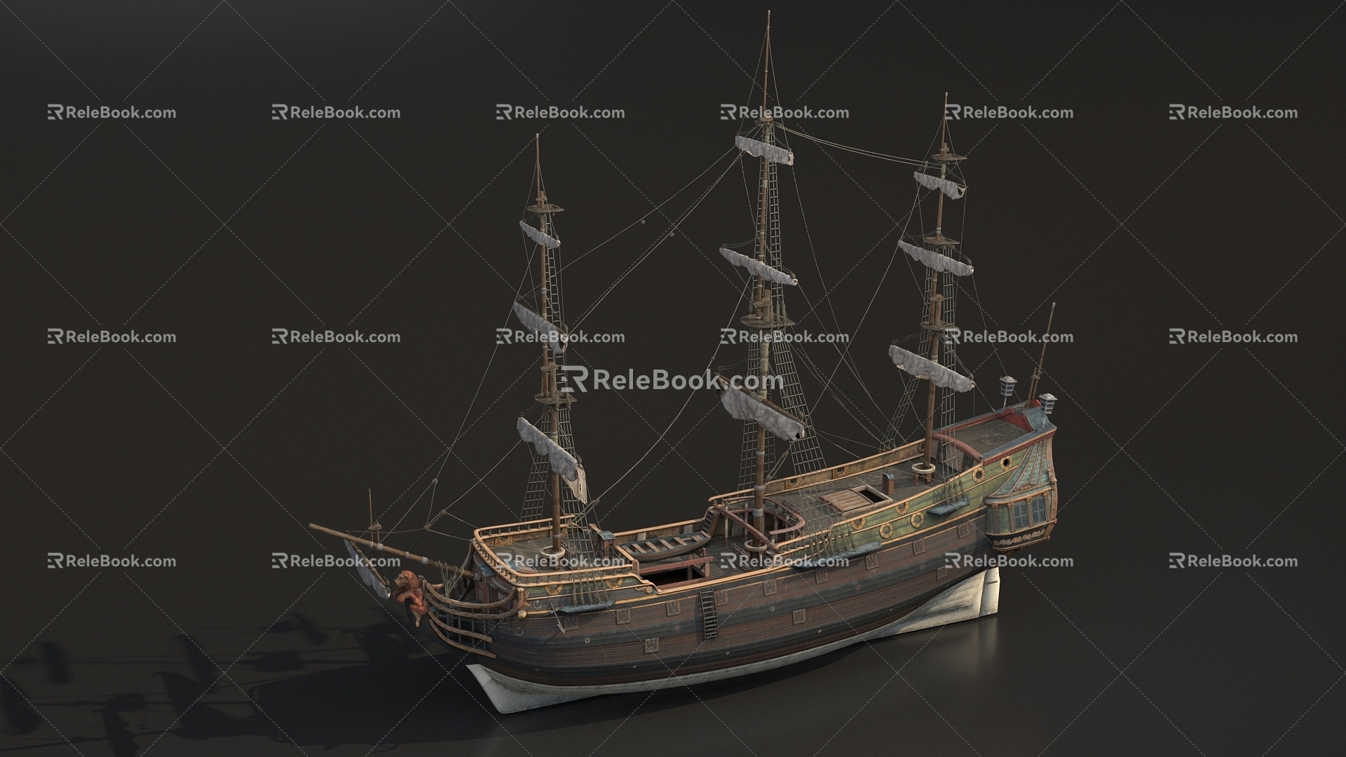 Sailing large wooden ship cargo ship 3d model