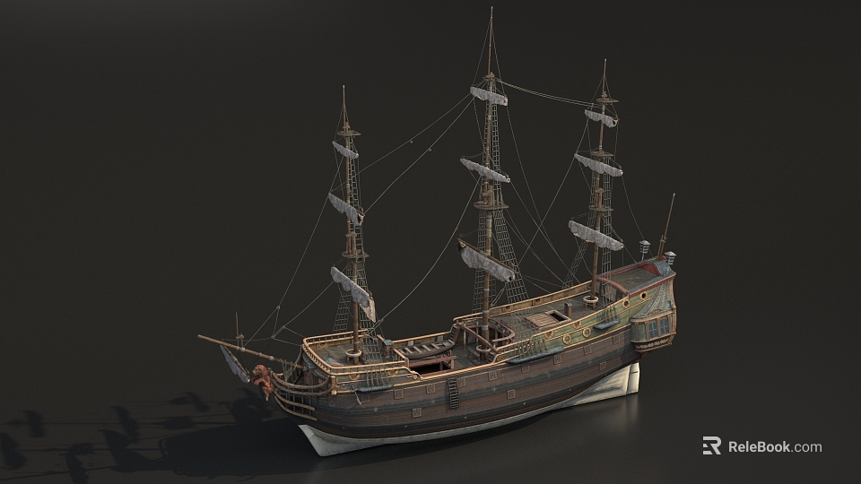 Vintage Wooden Sailing Ship With Multiple Masts And Detailed Hull Design 3d model 