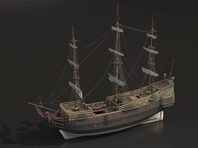Sailing large wooden ship cargo ship 3d model