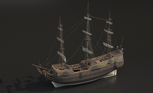 Sailing large wooden ship cargo ship 3d model