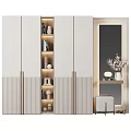 Elegant Modern Wardrobe Design With Striped Panels Storage Shelves Side Table And Mirror