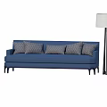 Blue Two Seater Sofa With Gray Patterned Cushions Accompanied By Floor Lamp And Side Table 3d model