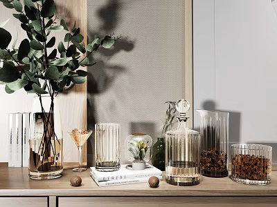 Minimalist Decorative Ornament Set with Green Plants Glass Vases and Dried Nuts on Wooden Tabletop 3d model