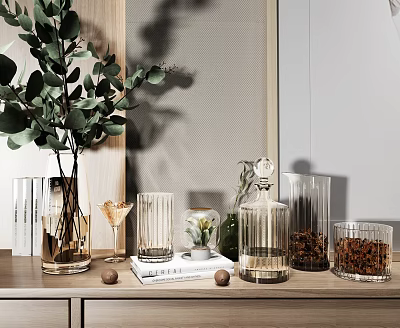 Minimalist Decorative Ornament Set with Green Plants Glass Vases and Dried Nuts on Wooden Tabletop 3d model