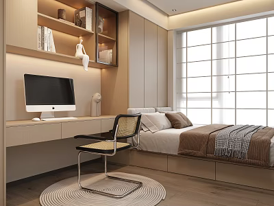 Tatami Bedroom Interior Design With Tatami Bed Desk Chair And Bookshelf By Window 3d model
