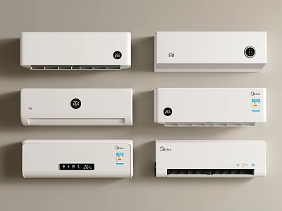 White Wall Mounted Air Conditioners With Different Models Arranged On Light Colored Wall 3d model