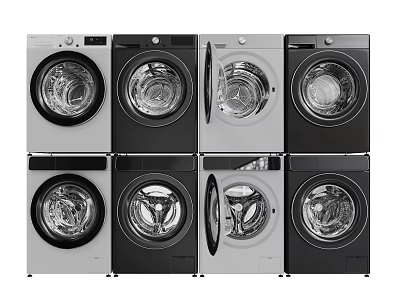 Collection Of Front Load Washing Machines With Transparent Doors In Black And White 3d model