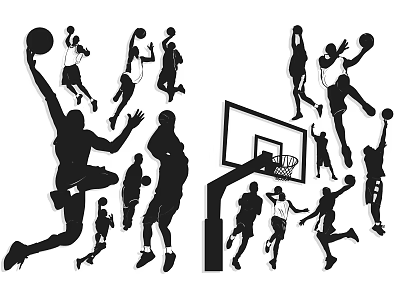 Silhouettes Of Basketball Players In Various Playing Actions With Hoop 3d model
