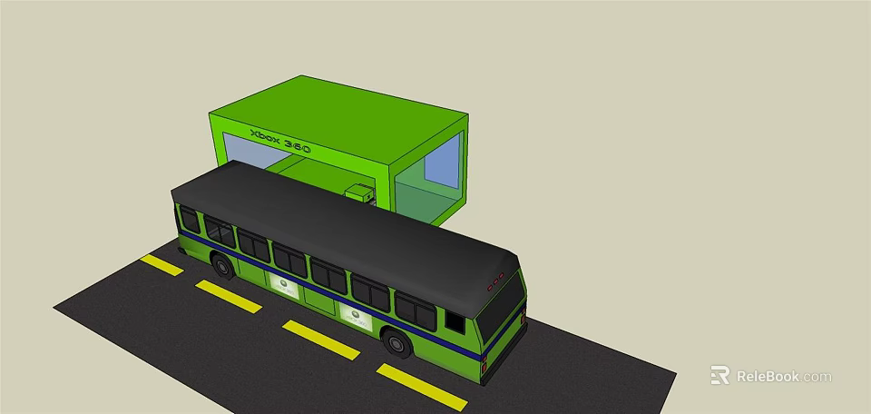 Green Public Bus Station with Bus and Yellow Road Lines 3d model 