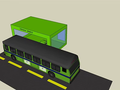 Green Public Bus Station with Bus and Yellow Road Lines 3d model