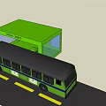 Green Public Bus Station with Bus and Yellow Road Lines