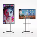 Two Modern Televisions On Stands Displaying Apps Interface And Portrait 3d model
