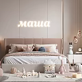 Soft Toned Kids Room Interior With Neon Sign Bed Shelves Desk And Toys