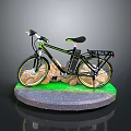 Electric Bicycle With Green Black Frame Battery Wheels And Round Stone Platform