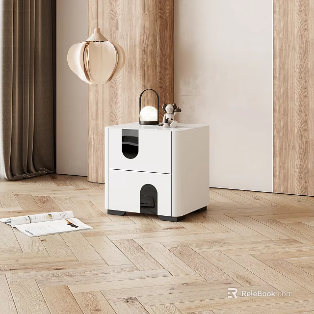 Modern White Bedside Table Featuring Cat Door And Decorative Lantern On Top 3d model 