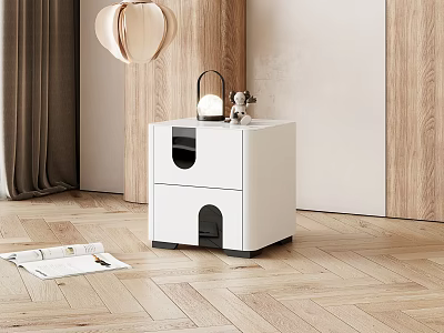 Modern White Bedside Table Featuring Cat Door And Decorative Lantern On Top 3d model