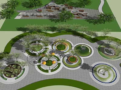 Scenic Park Landscape Featuring Circular Garden Beds Shade Trees And Curved Walkways 3d model