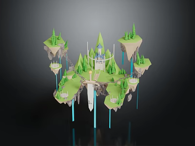 Enchanted Floating Islands With Castle Trees And Blue Support Pillars 3d model