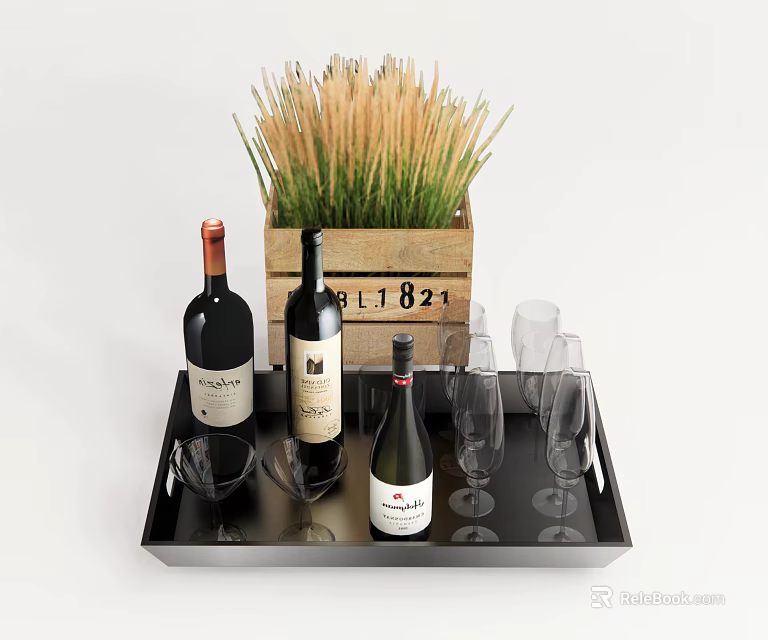 Elegant Wine Bottles And Glasses On Black Tray With Wooden Box And Grass 3d model 