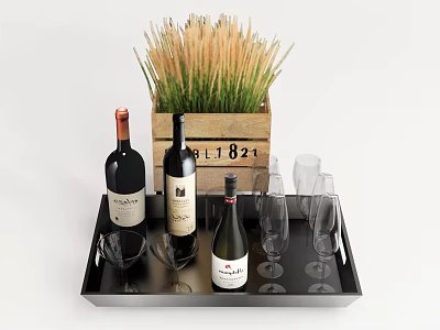 Elegant Wine Bottles And Glasses On Black Tray With Wooden Box And Grass 3d model