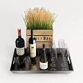 Elegant Wine Bottles And Glasses On Black Tray With Wooden Box And Grass