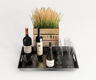 Modern Red Wine Bottle Wine Bottle Wine Glass Tray Rice Plant Flower Pot Ornaments 3d model