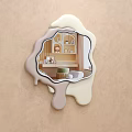 Irregular Shaped Mirror Reflecting Bedroom With Bed Pillows And Striped Wall