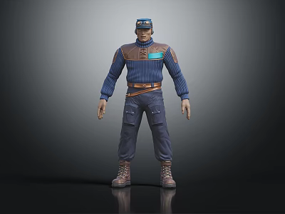 3D Character Wearing Blue Utility Suit And Hat In Standing Pose 3d model