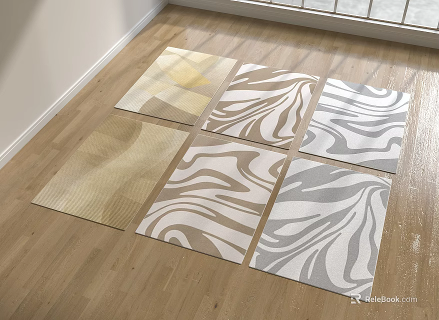Modern Square Rugs With Various Colors And Wavy Patterns On Wooden Floor 3d model 