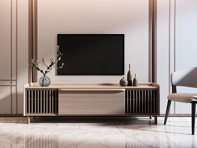 Modern Wooden TV Stand With Flat Screen TV Vase And Decorative Items In Minimalist Interior 3d model