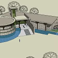 Museum Building Architectural Design With Stone Facade Tower Steps Water Pool And Trees 3d model