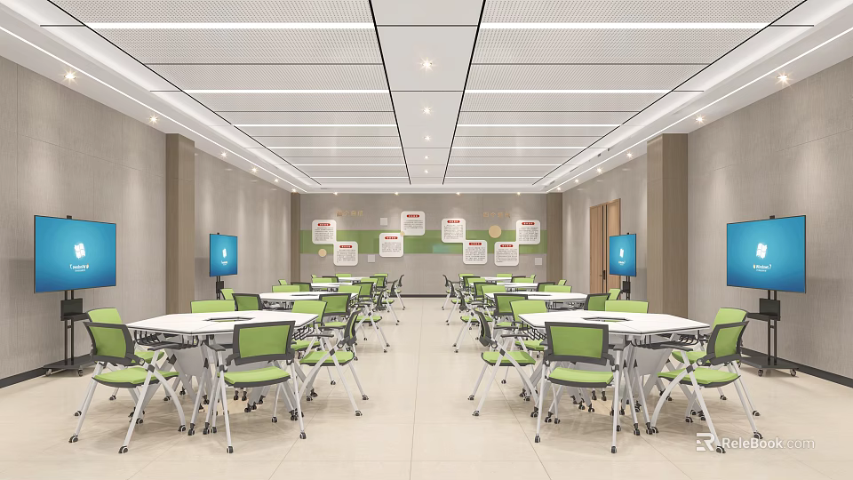 Spacious School Cafeteria With White Tables Green Chairs TV Screens Grid Ceiling And Wall Signboards 3d model 