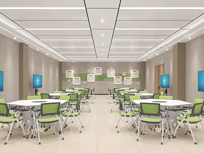 Spacious School Cafeteria With White Tables Green Chairs TV Screens Grid Ceiling And Wall Signboards 3d model
