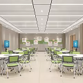Spacious School Cafeteria With White Tables Green Chairs TV Screens Grid Ceiling And Wall Signboards
