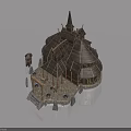 Wooden Swing Door in Medieval Round Building with Spire Roof and Stone Base