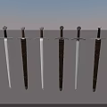 Collection Of Medieval Swords With Brown Scabbards And White Blades Arranged On Gray Background