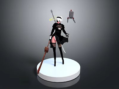 Anime Style 3D Female Character Model With Black Outfit Weapon And Stand Base 3d model