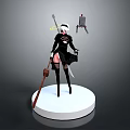 Anime Style 3D Female Character Model With Black Outfit Weapon And Stand Base