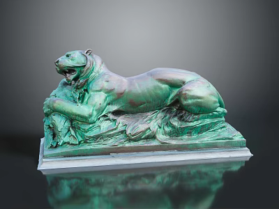 Reclining Lion Bronze Statue With Green Patina And Leaf Decorated Base 3d model