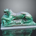 Reclining Lion Bronze Statue With Green Patina And Leaf Decorated Base