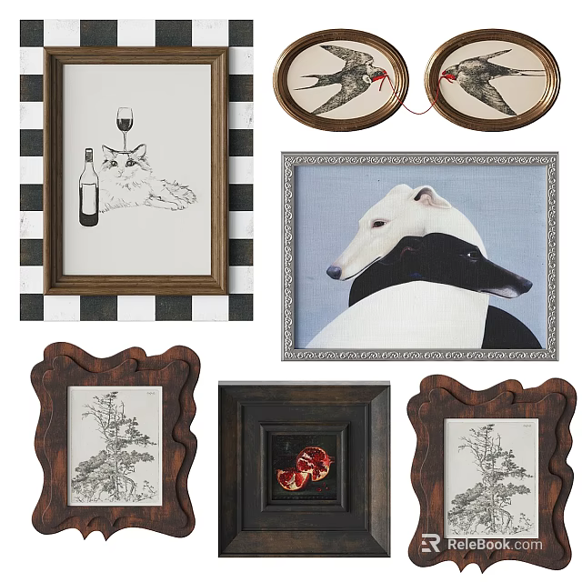 Vintage Framed Wall Decor With Wine Bottle Art Bird Prints And Animal Portraits 3d model 