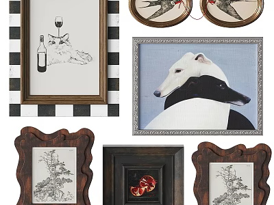 Vintage Framed Wall Decor With Wine Bottle Art Bird Prints And Animal Portraits 3d model