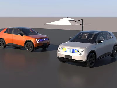 Two Modern Orange And Silver Cars With Outdoor Umbrella In Background 3d model
