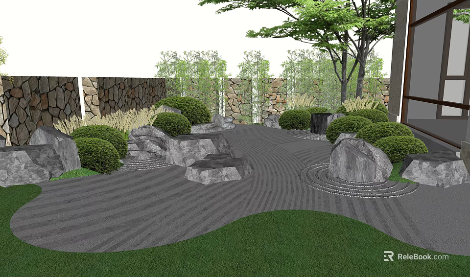 Tranquil Courtyard Garden with Stone Wall Winding Gravel Path Green Bushes and Trees 3d model 