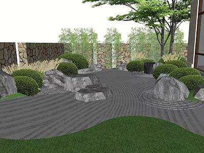 Tranquil Courtyard Garden with Stone Wall Winding Gravel Path Green Bushes and Trees 3d model
