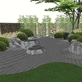 Tranquil Courtyard Garden with Stone Wall Winding Gravel Path Green Bushes and Trees