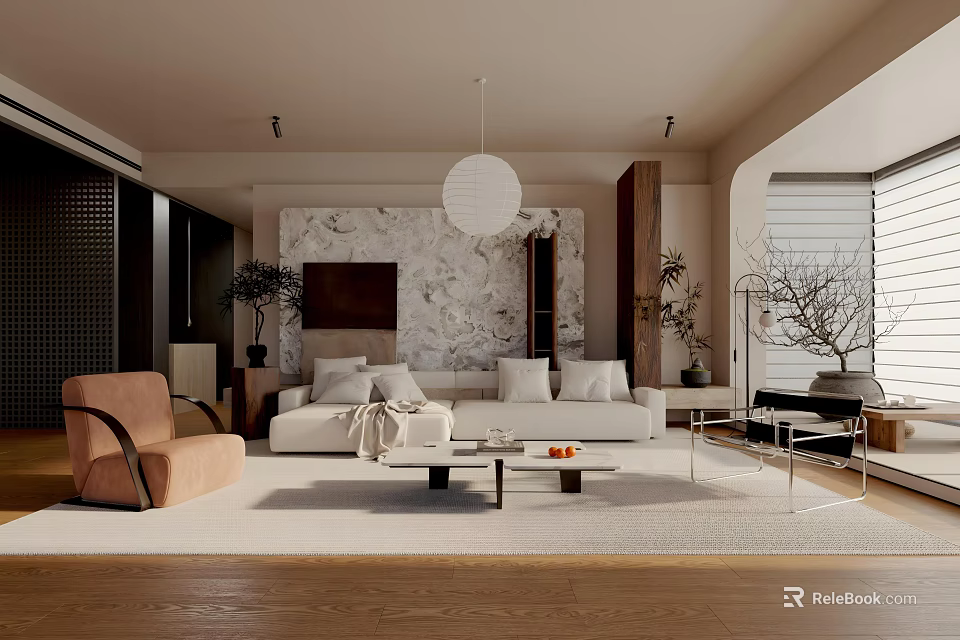 Modern Living Room Interior With White Sofa Coffee Table Pendant Light And Marble Wall 3d model 